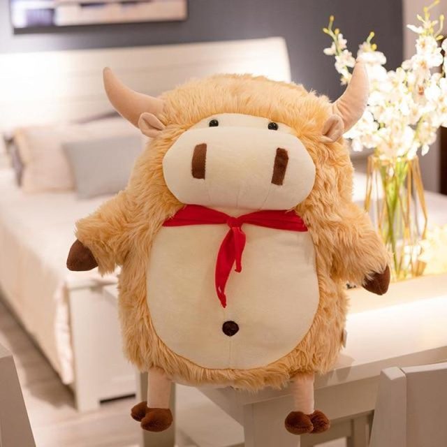 Fluffy Cream Cow Plush With Red Scarf โ photo 2