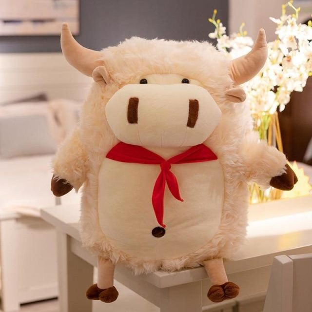 Fluffy Cream Cow Plush With Red Scarf โ photo 3