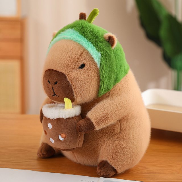 Capybara in Avocado Hood With Boba Plush