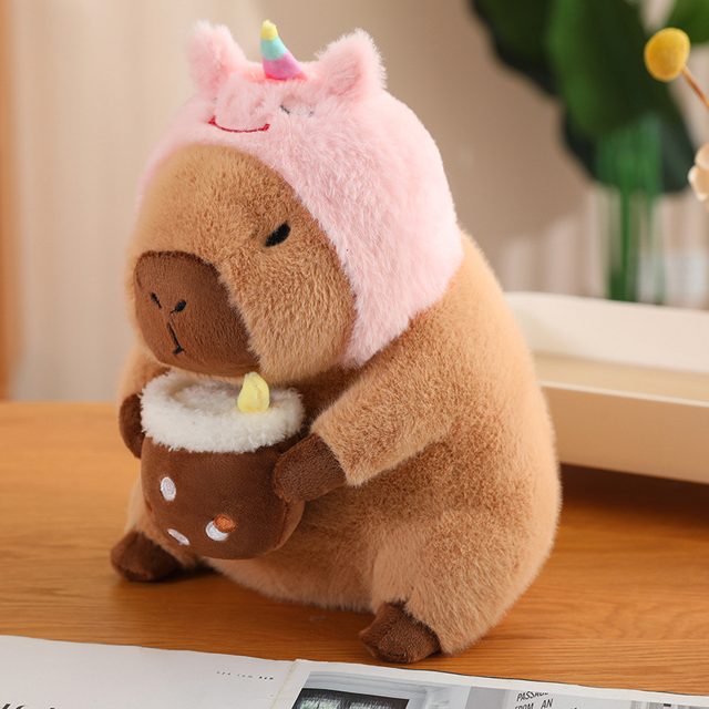 Capybara in Unicorn Hood With Boba Plush