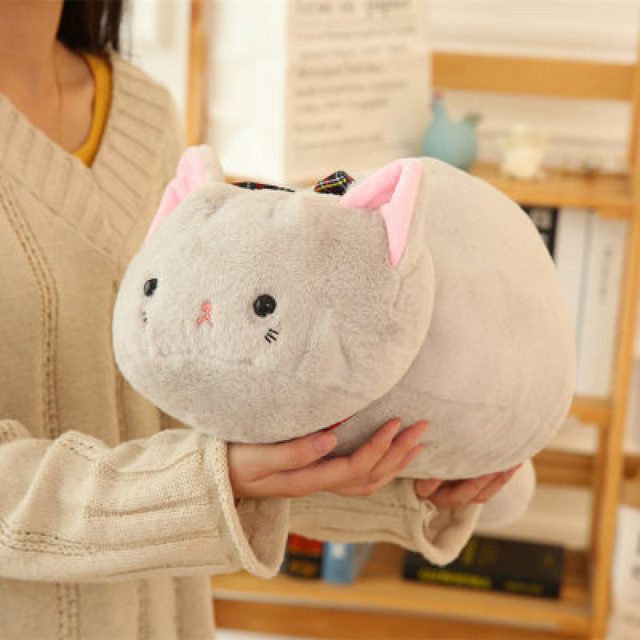 Grey Loaf Cat Plushie with Bow