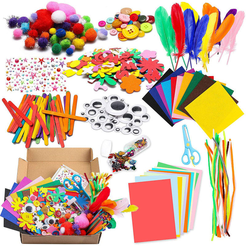 Kids Craft Supply Kit With Pom-Poms & Feathers