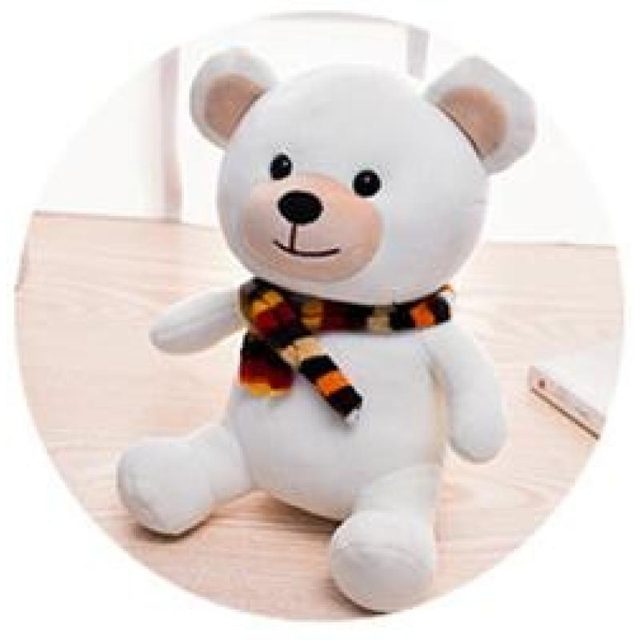 White Teddy Bear Plush With Striped Scarf