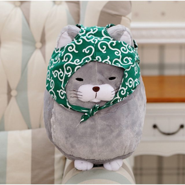 Round Grey Cat Plush With Bandana Hood, 30cm