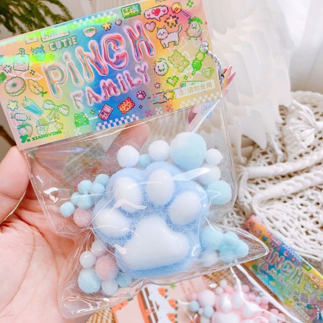 Blue Kitty Paw Squishy Charm in Bead Bag