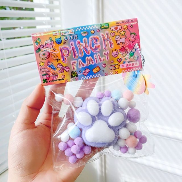 Purple Kitty Paw Squishy Charm in Bead Bag