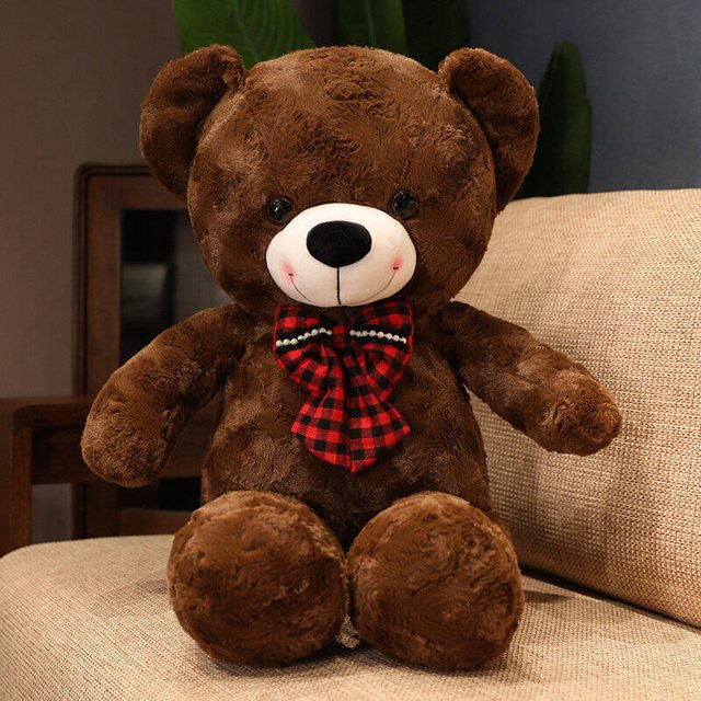Giant Chocolate Teddy Bear With Plaid Bow โ photo 2