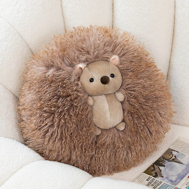Fluffy Brown Hedgehog Round Cushion Plush
