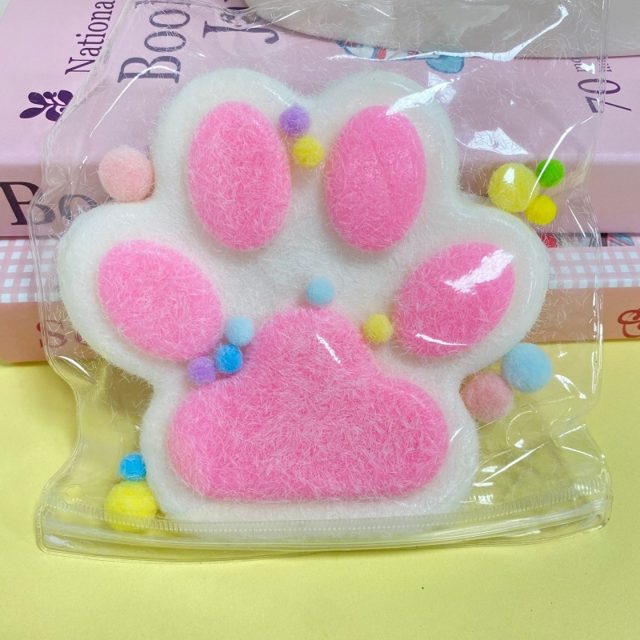Fuzzy Pink Cat Paw Squeeze Toy, White Trim