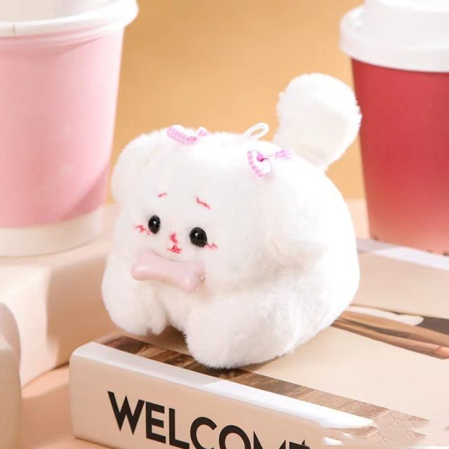 Lil' White Pup With a Bone Keychain Charm