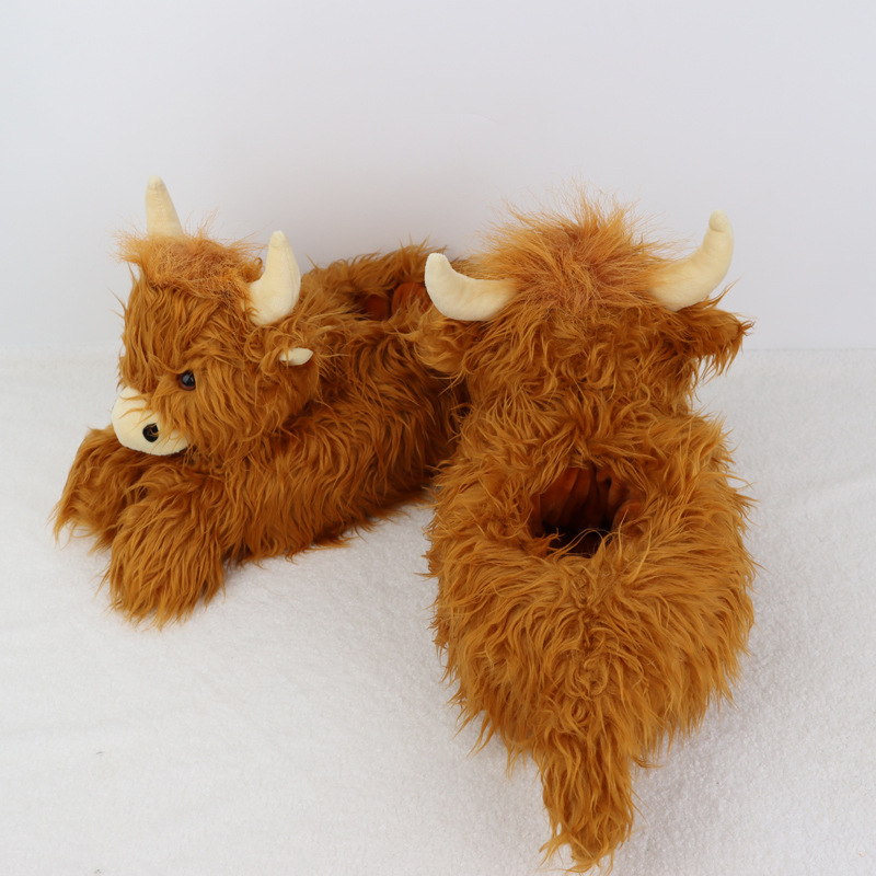 Fuzzy Highland Cow Plush Slippers