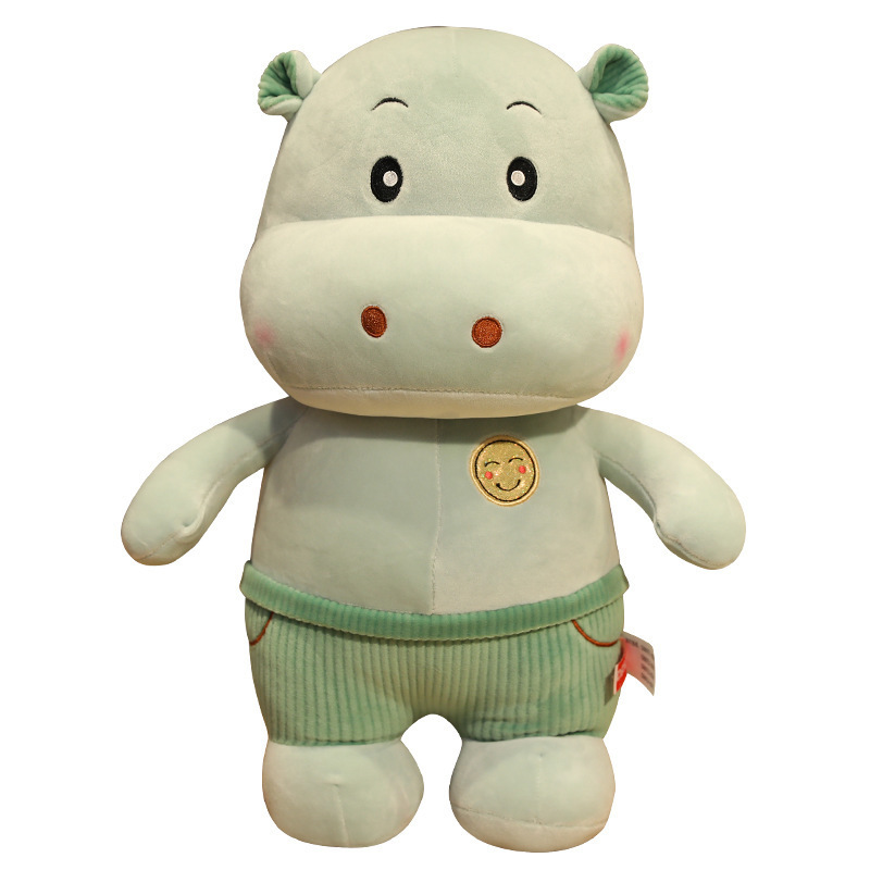 Smiling Hippo Plush in Corduroy Shorts